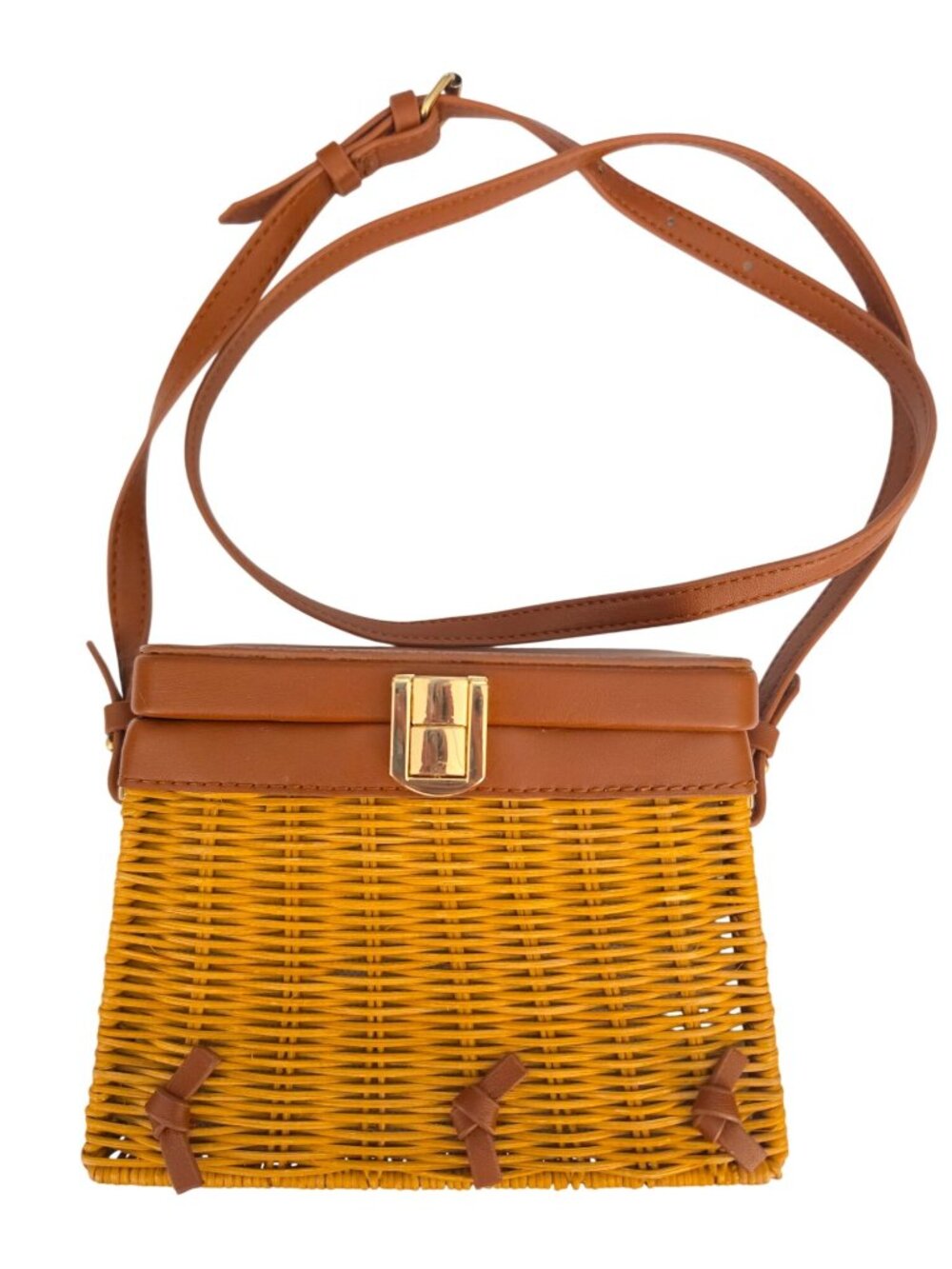 ZARA Wicker Crossbody Mini Basket Bag Straw Purse Brown Faux Leather Gold Clasp - Picture 2 of 7